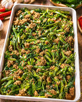 Stir-Fried Water Spinach with Minced Meat &ndash; Traditional Asian Cuisine