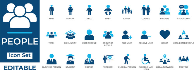 Naklejka premium People and community vector icon set. Editable flat UI avatars for family, team, professions, and social network.