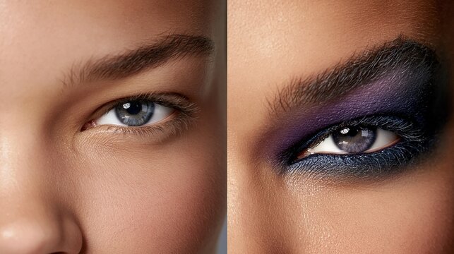 Vergleichsbild eines weiblichen Auges ohne und mit dramatischem Smokey-Eye-Make-up in Lila und Schwarz.