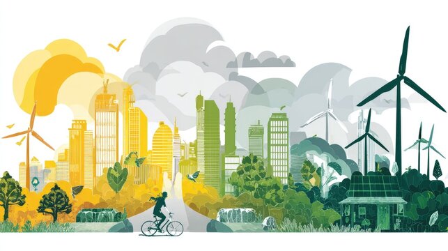 Sustainable city illustration showing green energy and eco friendly practices