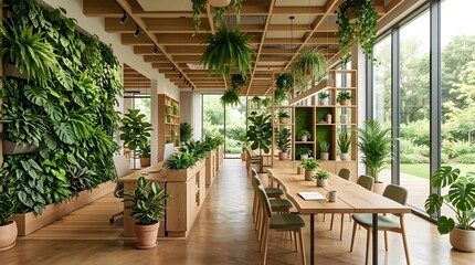 Fototapeta premium Bright office interior with living green wall and abundant natural light.