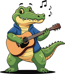 Obraz premium Cartoon Alligator Playing Guitar with Music Notes for Fun, Animal, and Creative Design Themes