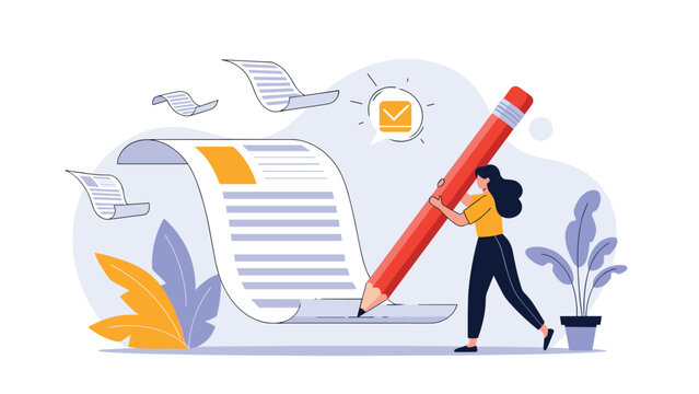 Creative content writer uses a large red pencil to write on a digital document with several floating pages and email icons.