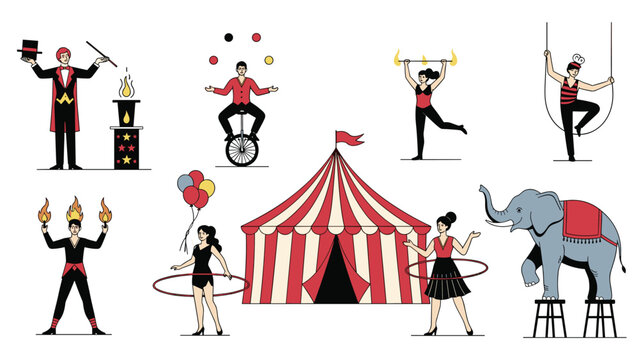 Diverse cast of circus performers including a magician, juggler, acrobat, and trained elephant showcasing their unique talents.