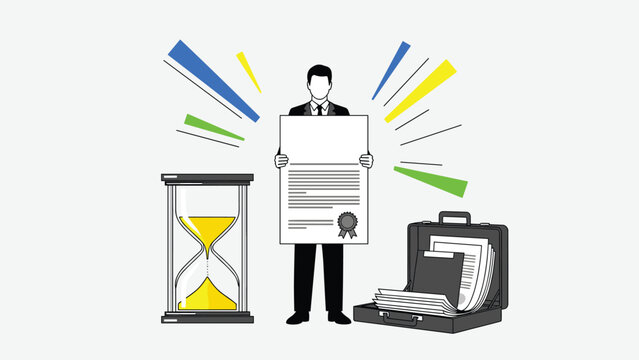 Professional man holding a legal document next to an hourglass and a briefcase full of files representing business deadlines.
