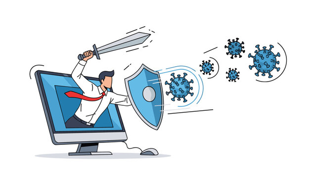 Heroic businessman emerging from a computer screen to fight off digital viruses with a sword and shield in his hands.