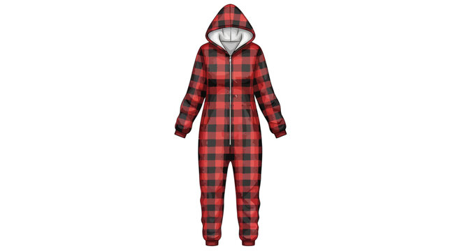 Cozy red plaid hooded onesie with front zipper and pockets