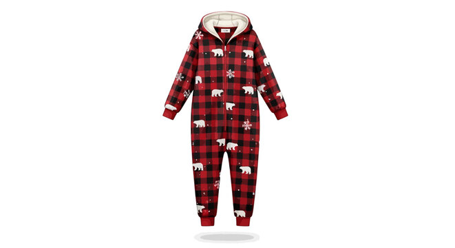 Cozy winter red plaid onesie with polar bear print and hood