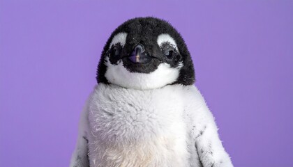 Fototapeta premium Adorable Emperor Penguin Chick Headshot Isolated on Purple Background