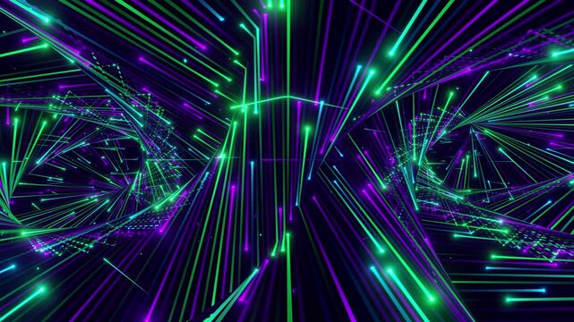 A captivating seamless 4k VJ loop featuring an infinite twisted torus with symmetrical neon lines in purple, blue, magenta, and orange for VJ sets, high-tech club visuals,  electronic music festival