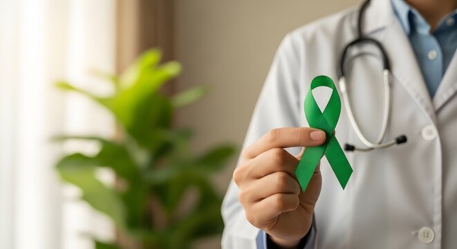 Doctor holding green ribbon for mental health awareness