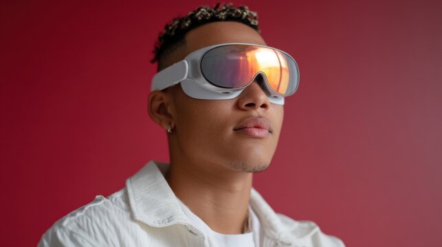 Young adult with VR headset and neon reflections in eyes cyber immersion 