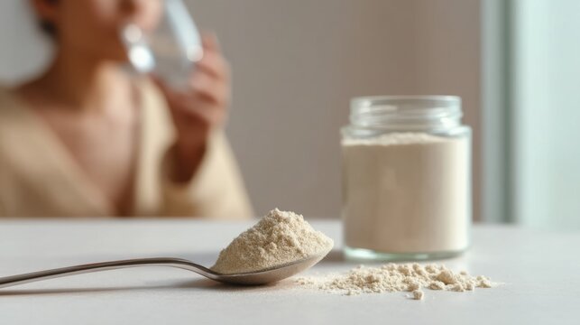 Close-Up View of a Spoonful of Powder Next to a Jar with a Soft Background, Featuring a Person Holding a Glass in the Distance