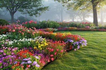 Fototapeta premium Colorful Flowers Bloom in a Garden During Morning Fog Near Trees in Springtime