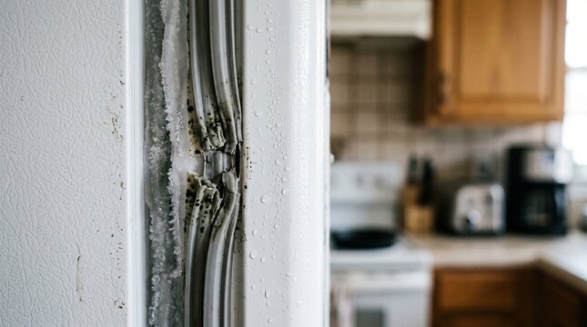Damaged refrigerator door seal with black mold and ice buildup. Broken rubber gasket on freezer showing signs of wear and tear needing repair for energy efficiency standards and cooling