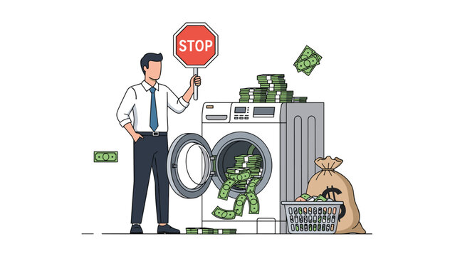 Concerned man holding a stop sign next to a washing machine overflowing with cash to represent efforts against money laundering crimes.