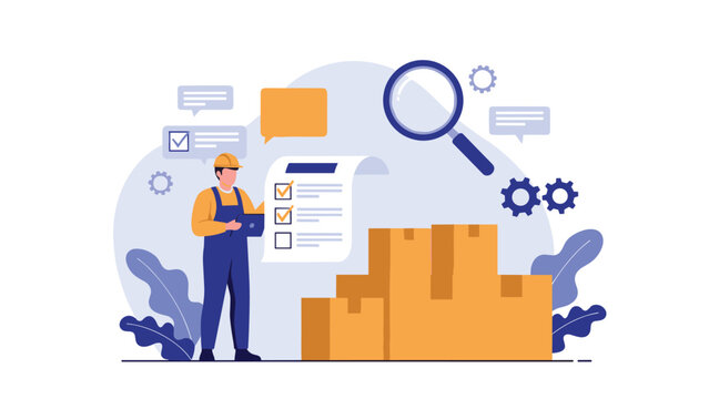 Logistics worker in uniform checking a document and boxes in a warehouse with a large magnifying glass and gear icons for efficiency.