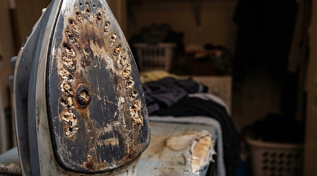 Burnt iron soleplate with heavy limescale and scorched residue. Dirty steam iron on ironing board in laundry room. Showing appliance wear tear and need for cleaning or replacement.