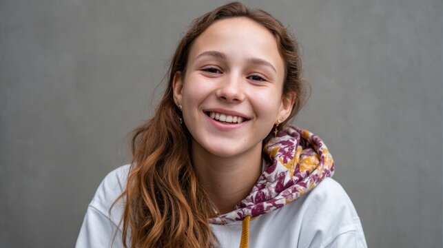 Young woman with Tourette syndrome smiling expressive face inclusive portrait 