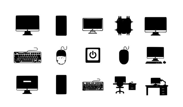 Modern Computer Desktop PC Icon Set with Monitor CPU and Tech Symbols Vector Collection on White Background