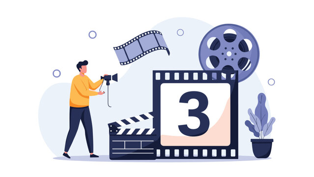 Young filmmaker using professional video camera with film reel and countdown frame for movie production.