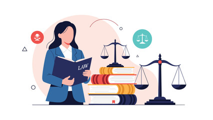 Fototapeta premium Professional female lawyer or attorney holding a law book next to stacks of books and traditional scales of justice.