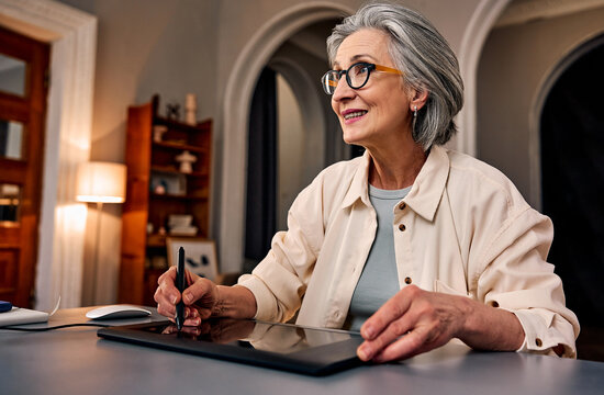 A portrait of an elderly woman looking at a computer monitor while working on a graphic tablet. A creative profession, remote work.