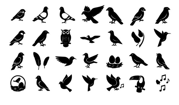 Black bird icon set flying perched feather nest wildlife vector isolated on white background