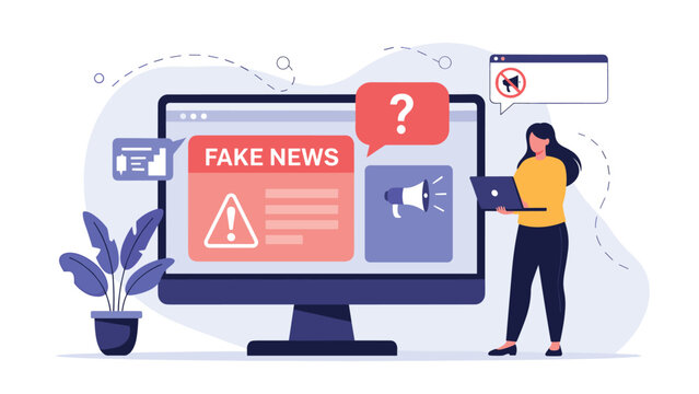 Concerned woman using a laptop to verify information displayed on a screen with fake news warnings and alert notifications.