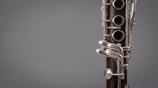 Clarinet instrument close up isolated on a grey background with empty space