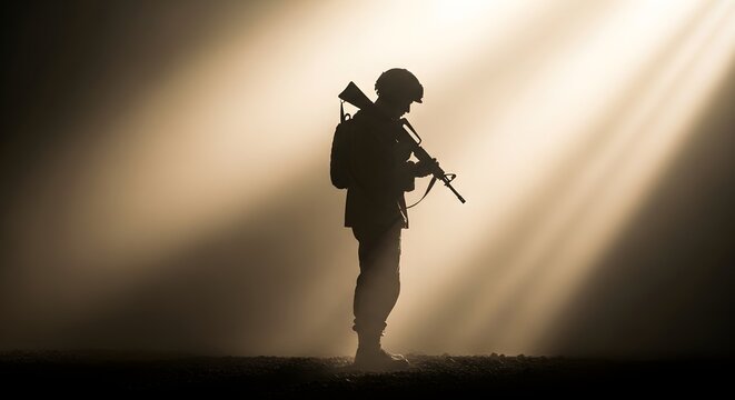 Silhouette of a soldier with rifle standing in bright light