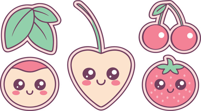 Cute kawaii sticker set with green monster pink cat and heart eyed creature