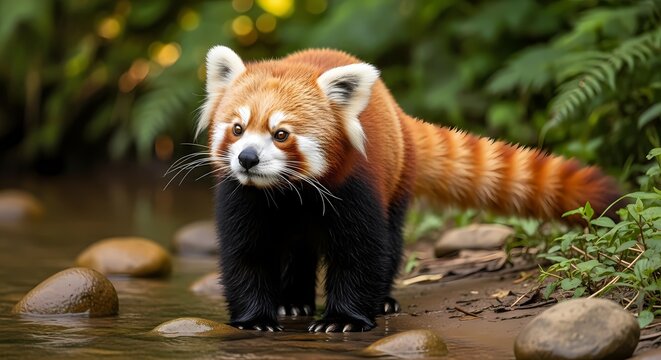A red panda stands on the bank of a stream, its bushy tail curled behind it.