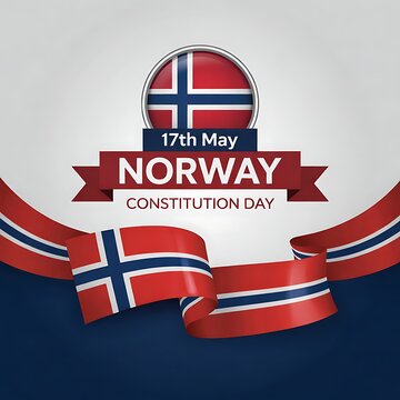 Norway constitution day celebration with flag and ribbon on gray background