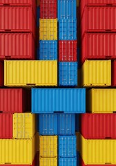 Fototapeta premium Stacked shipping containers display a vibrant pattern of red, blue, and yellow colors.