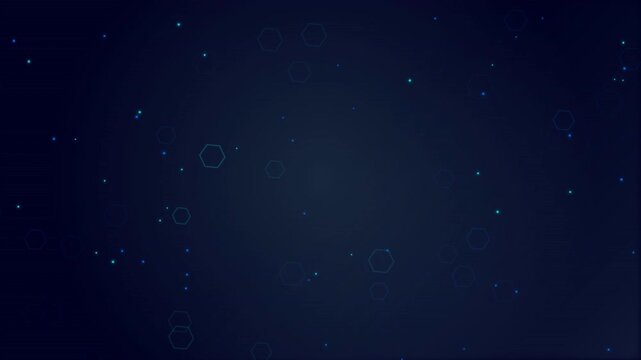 A dark, starry background filled with hexagonal shapes and glowing dots creating a cosmic effect