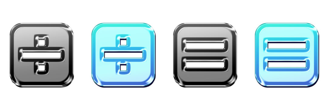 3D rendered volumetric icon pack featuring divide and equal sign. Mathematical arithmetic operations and calculation symbols. Modern icon design. High resolution 3D artwork.