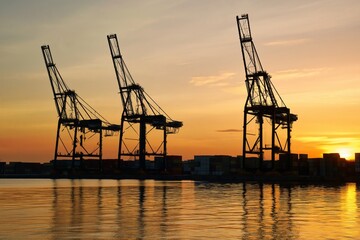 Fototapeta premium Crane Silhouettes at Sunset by the Water With Cargo Containers in the Background