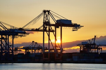 Obraz premium Crane Silhouettes at Sunset by the Water With Cargo Containers in the Background