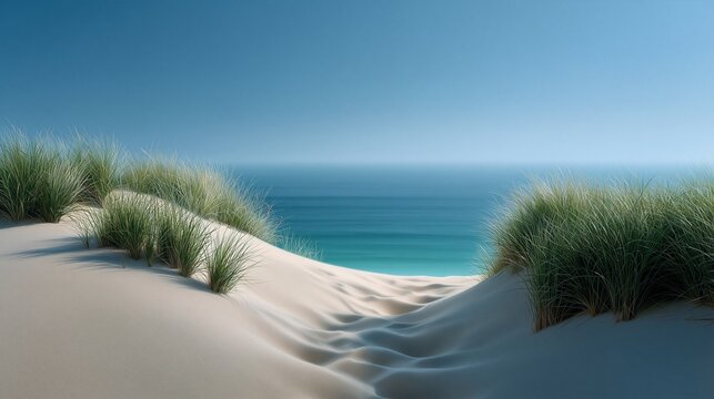Sanfte Sandd&uuml;nen vor ruhigem blauen Ozean und wolkenlosem Himmel in klarer, weiter Landschaft