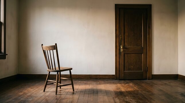 Old wooden chair sitting next to closed door in empty room interior