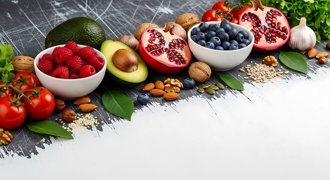 Fresh fruits and vegetables with nuts on scratched wooden surface