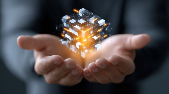 Hands holding a glowing cube representing digital identity with data layers 