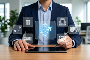 Naklejka premium Man in suit interacting with travel technology interface with holographic icons for booking and navigation