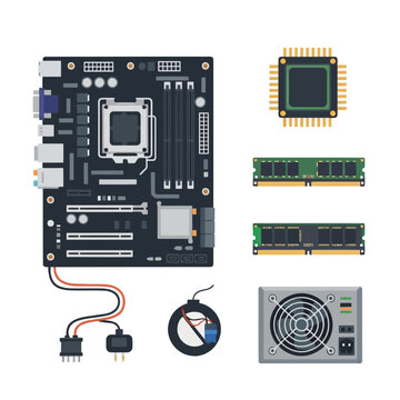 Assortment of computer components including motherboard, CPU, two RAM sticks, power cables, no battery symbol, and cooling fan, essential for building or upgrading desktop PC system.