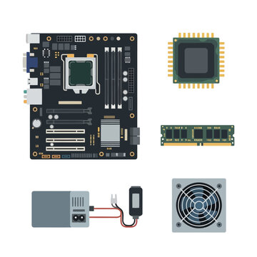 Assortment of computer components including motherboard, CPU, RAM sticks, power supply unit, and cooling fan, essential for building or upgrading desktop PC system.