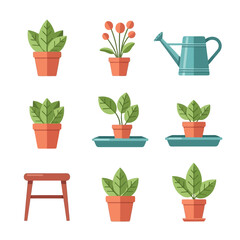 Fototapeta premium Set of potted plants, small flowers, watering can, and wooden stool vector flat illustration, representing gardening and home decor.