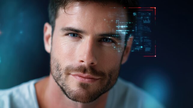 Male portrait with abstract neon HUD interface elements layered over the face 