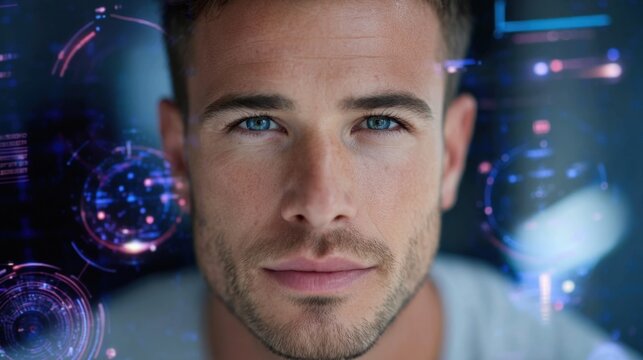 Male portrait with abstract neon HUD interface elements layered over the face 
