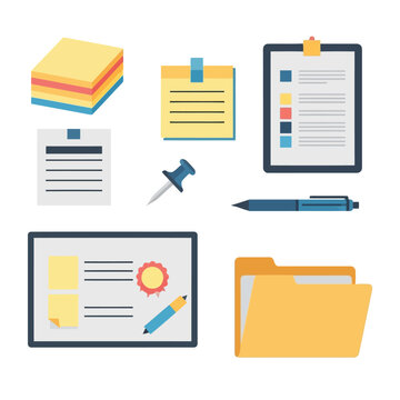 Set of office supplies for organization and work, sticky notes, clipboard, pushpin, pen, presentation board, and folder in flat design.